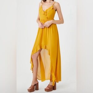 Forever 21 Gold Chiffon Ruffle High-Low Dress Size S. NWT.